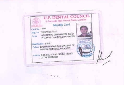 dr abhimanyu chaturvedi - up dental council identity card